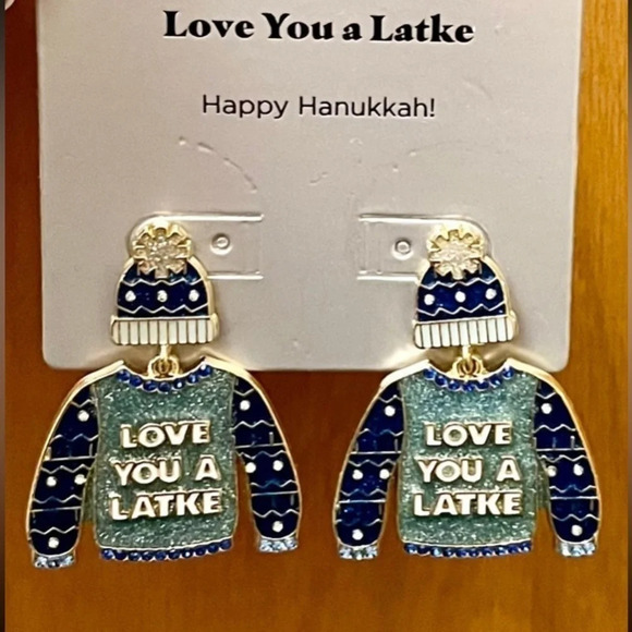 BAUBLEBAR Hanukkah Chanukah Jewish ‘Love You A Latke’ Ugly Sweater Earrings NWT - Picture 2 of 4